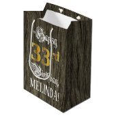 33e verjaardag: Faux Gold look & Faux Wood Pattern Medium Cadeauzakje (Voorkant Gekanteld)
