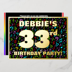 33e verjaardag — Fun, Colorful Music Symbols Folie Uitnodiging