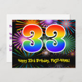 33e verjaardag - Fun Fireworks Pattern + Rainbow 3 Briefkaart (Voorkant / Achterkant)
