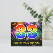 33e verjaardag - Fun Fireworks Pattern + Rainbow 3 Briefkaart (Staand voorkant)