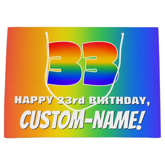 33e verjaardag: kleurrijk, vun regenboogpatroon # groot cadeauzakje (Voorkant)