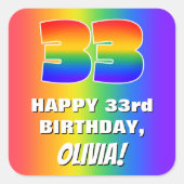 33e verjaardag: kleurrijk, vun regenboogpatroon #  vierkante sticker (Voorkant)