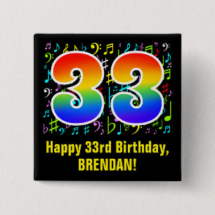 33e verjaardag: kleurrijke muzieksymbolen, regenbo vierkante button 5,1 cm