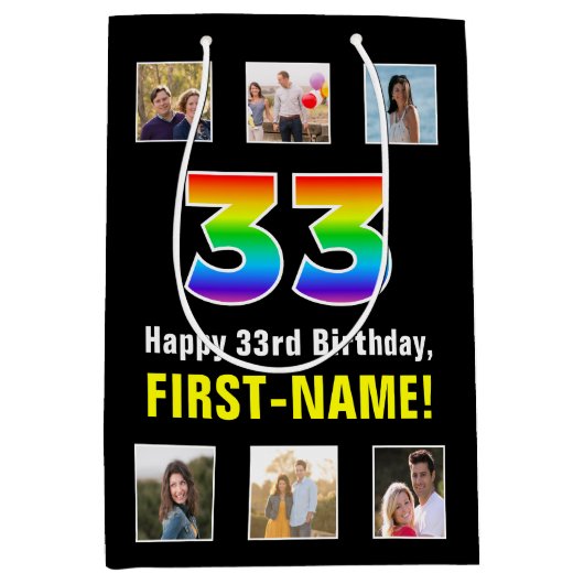 33e verjaardag: Regenboog "33", aangepaste foto's  Medium Cadeauzakje (Voorkant)