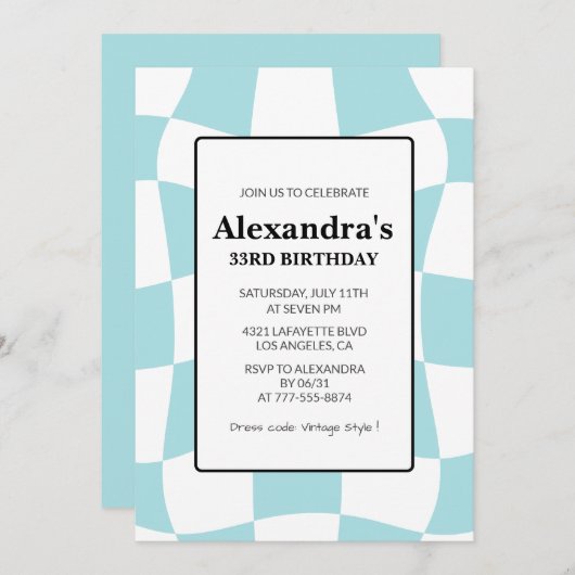 33e verjaardag uitnodiging Retro Checkered Blue (Voorkant / Achterkant)