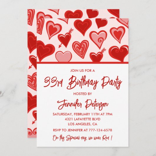 33e verjaardag uitnodiging rood roze harten (Voorkant / Achterkant)