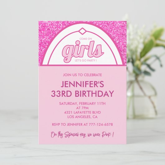 33e verjaardag uitnodigingen Glitter Roze (Staand voorkant)