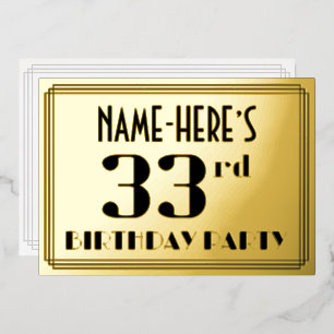 33e verjaardagsfeest: Art Deco-look “33” en naam Folie Uitnodiging