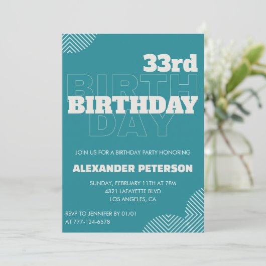 33e verjaardagsuitnodiging Mannen Blauwe Typografi Kaart (Staand voorkant)