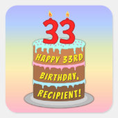 33rd Birthday: Fun Cake and Candles + Custom Name Vierkante Sticker (Voorkant)