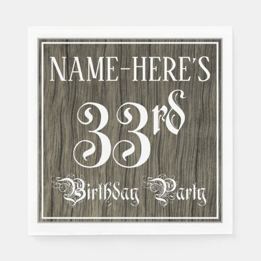 33rd Birthday Party — Fancy script, Faux Wood Kijk Servet (Voorkant)