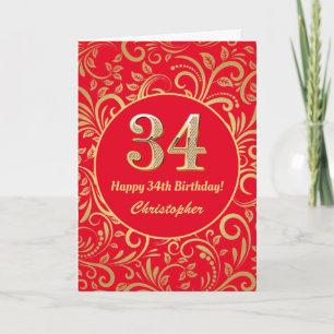 34e Birthday Red en Gold Floral Pattern Kaart