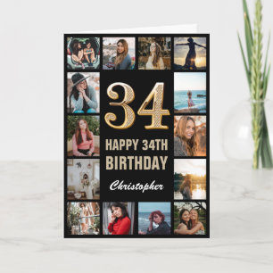 34e Happy Birthday Black en Gold Photo Collage Kaart