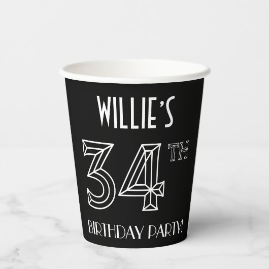 34e verjaardag: Art Deco Style + aangepaste naam Papieren Bekers (Achterkant)