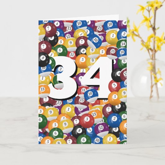34e verjaardag biljartballen kaart (Gele Bloem)