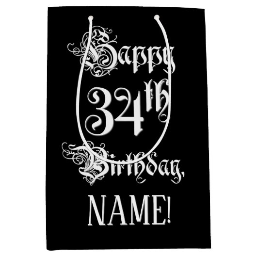 34e verjaardag: Fancy, elegant script + aangepaste Medium Cadeauzakje (Voorkant)