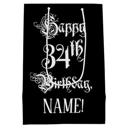 34e verjaardag: Fancy, elegant script + aangepaste Medium Cadeauzakje (Achterkant)