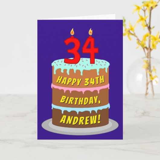 34e verjaardag: Fun Cake and Candles + Custom Name Kaart (Gele Bloem)
