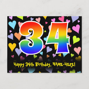 34e Verjaardag: Fun Hearts Patroon, Regenboog 34 Briefkaart
