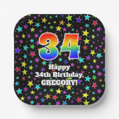 34e verjaardag: Fun Stars Pattern and Rainbow "34" Papieren Bordje (Voorkant)
