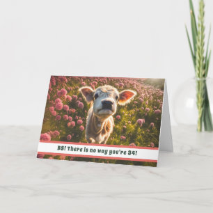 34e verjaardag Funny Little Koe in Flowers Verjaar Feestdagen Kaart