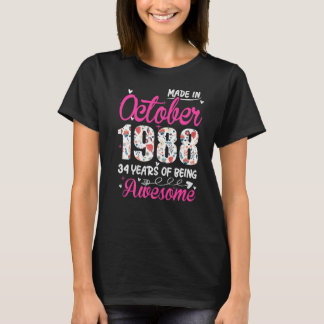 34e verjaardag Geweldige sinds oktober 1988 Floral T-shirt