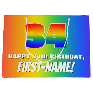 34e verjaardag: kleurrijk, vun regenboogpatroon #  groot cadeauzakje
