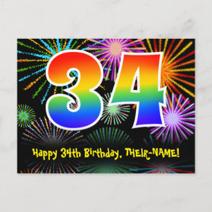 34e Verjaardag – Plezier Vuurwerk Patroon + Regenb Briefkaart