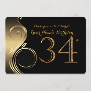 34e, Verjaardag Uitnodiging, Nummer Glitter Goud, Kaart
