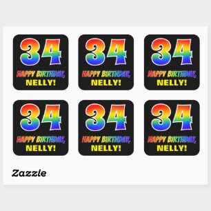 34e verjaardag: Vet, Vun, Eenvoudig, Regenboog 34 Vierkante Sticker
