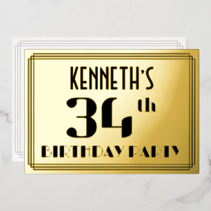 34e verjaardagsfeest: Art Deco-look “34” en naam Folie Uitnodiging