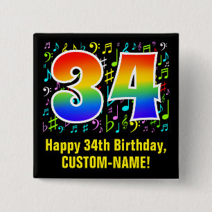 34th Birthday: Colorful Music Symbols, Rainbow 34 Vierkante Button 5,1 Cm