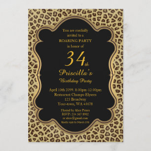 34th, Birthday Party 34th, Cheetah, Black & Gold Kaart