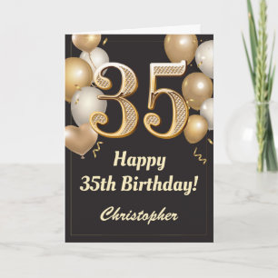 35e Birthday Black en Gold Balloons Confetti Kaart