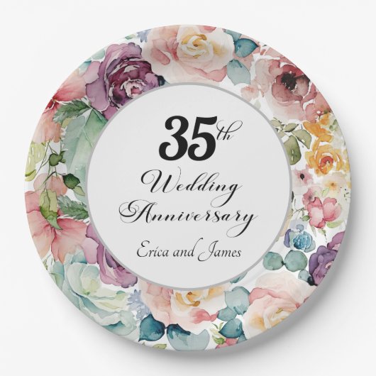 35e bruiloft Jubileum Elegant Script Floral Papieren Bordje (Voorkant)