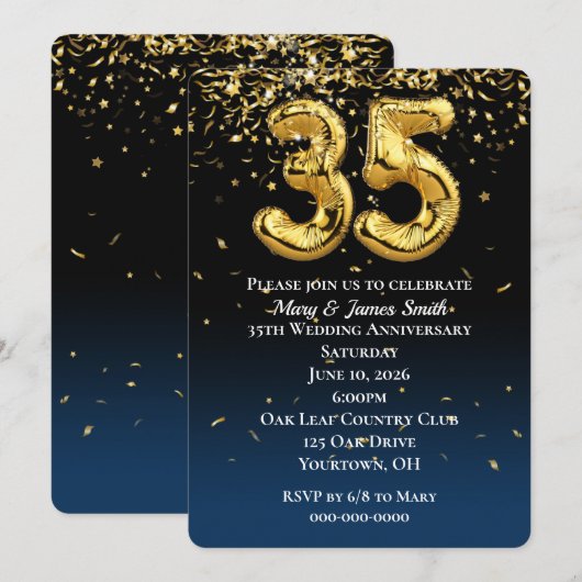35e Jubileum Gold-ballonnen en Confetti Kaart (Voorkant / Achterkant)