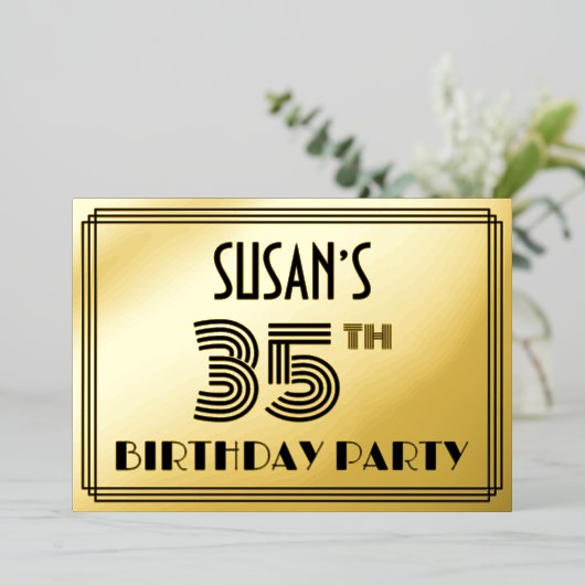 35e verjaardag — Art Deco Style "35" en naam Folie Uitnodiging (Staand Voorkant)