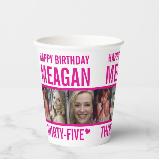 35e verjaardag drie foto's heet roze en wit papieren bekers (Voorkant)