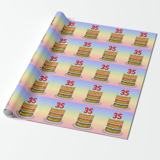35e verjaardag: Fun Cake and Candles + Custom Name Cadeaupapier (Uitgerold)