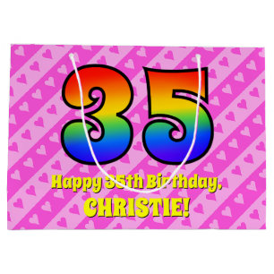 35e verjaardag: Roze strips & harten, regenboognr. Groot Cadeauzakje