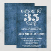 35e verjaardag Uitnodiging Blauwe linen Rustic Che (Voorkant / Achterkant)