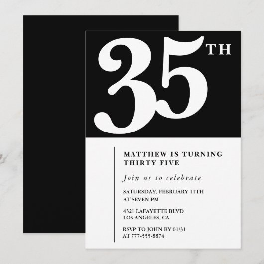 35e verjaardag uitnodigingen Black White Elegant (Voorkant / Achterkant)