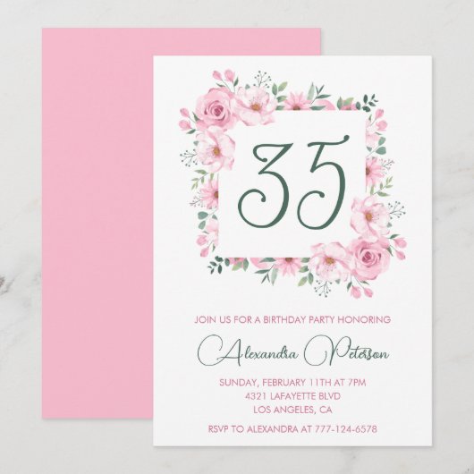 35e verjaardag uitnodigingen Floral Elegant Roze (Voorkant / Achterkant)