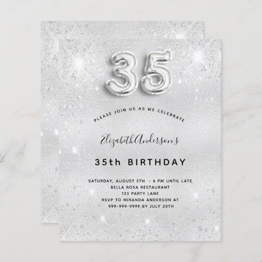 35e verjaardag zilveren glitter budgetuitnodiging (Voorkant / Achterkant)