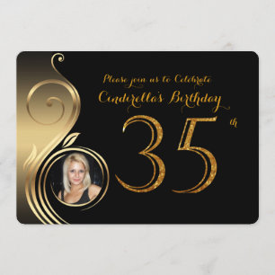 35th, Birthday Invitation, Number Glitter Gold,Fot Kaart