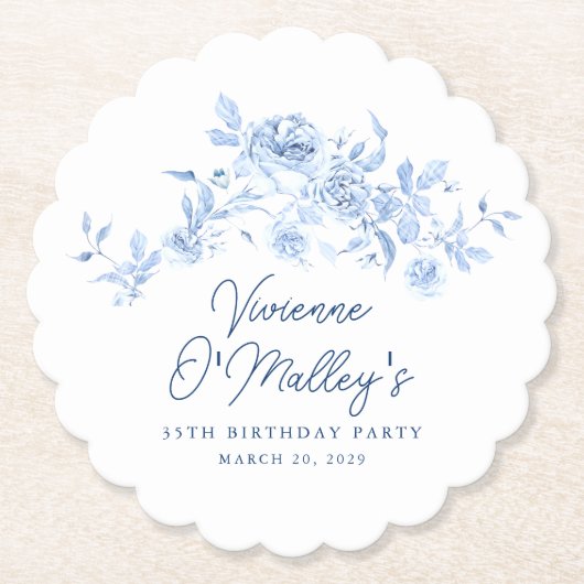 35th Birthday Party Blue Rose Floral Custom Kartonnen Onderzetters (Voorkant)