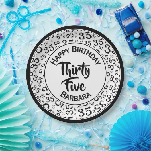 35th Birthday Party Number Pattern Black/White Papieren Bordje (Feest)