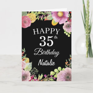 35th Birthday Waterverf Floral Flowers Black Card Kaart