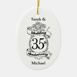 35th Wedding Jubileum Bloemen zwart-wit Keramisch Ornament