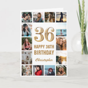 36e Happy Birthday Gold en White Photo Collage Kaart